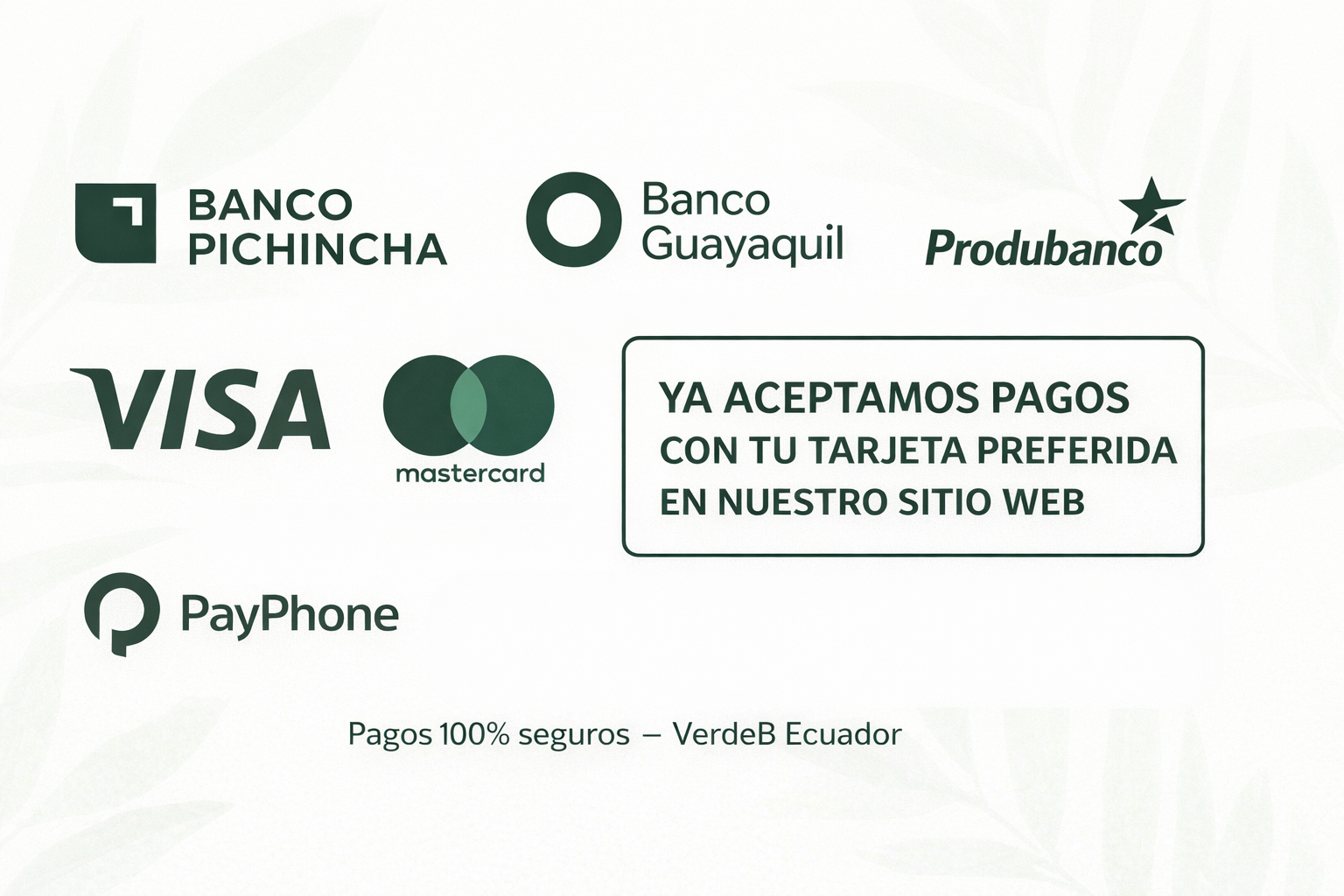 Métodos de pago aceptados en VerdeB Ecuador - Tarjetas y transferencia